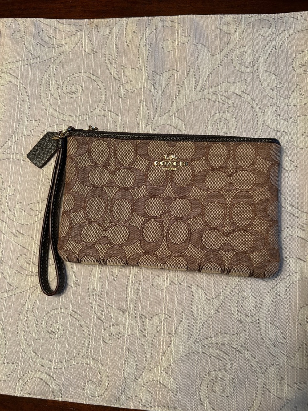 Coach Brown Signature Canvas Wristlet with Gold Logo